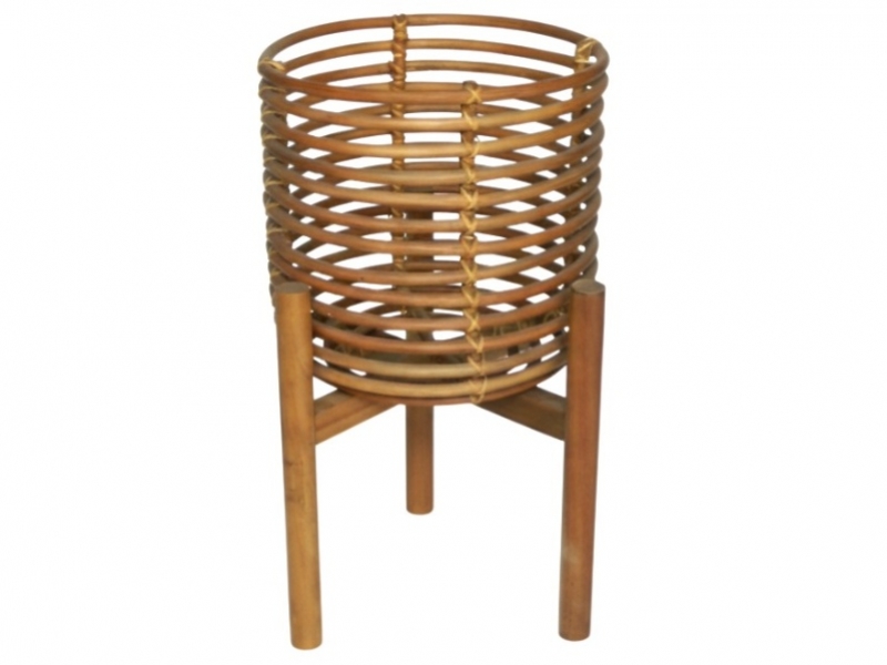 Custom-made Rattan Planter with Wooden Legs - Eco-friendly Spiral Plant Stand